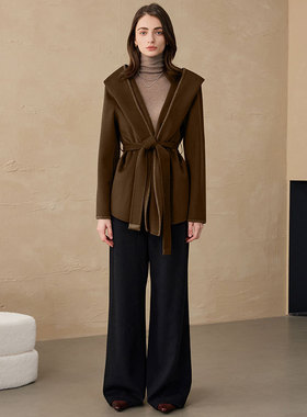 CEID羊绒连帽大衣大衣女双面呢山羊绒小个子毛呢外套上衣2025秋冬