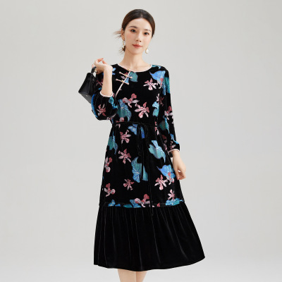 桑蚕丝秋冬印花拼接连衣裙女圆领休闲新中式真丝裙子气质通勤1371