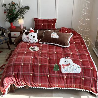 圣诞风高端刺绣牛奶绒毛球四件套