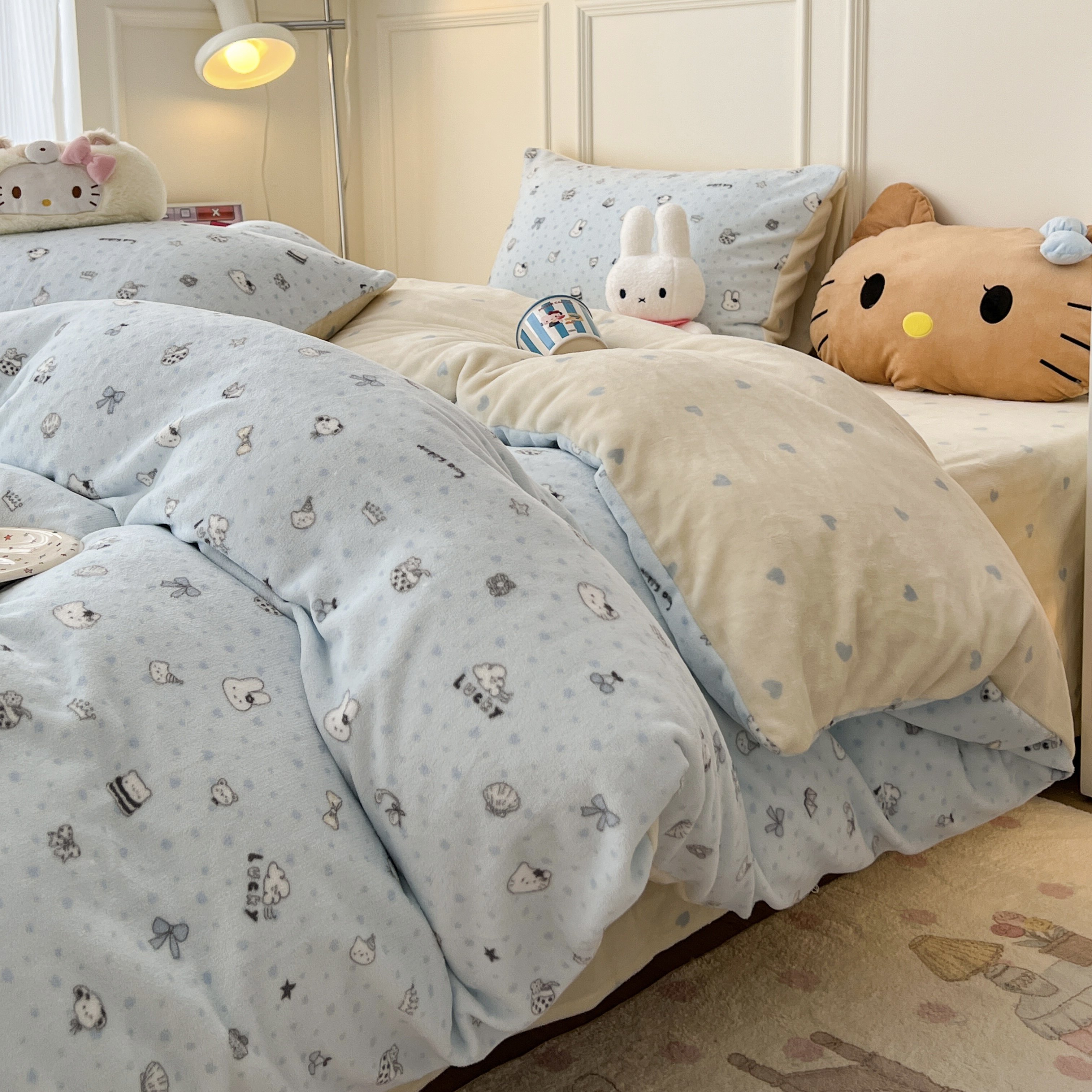 冬季牛奶绒四件套ins猫猫保暖加厚套件秋冬法兰珊瑚绒单被套床笠,床上用品,床品套件/四件套/多件套,淘宝优惠券,粉丝福利购,淘宝优惠卷