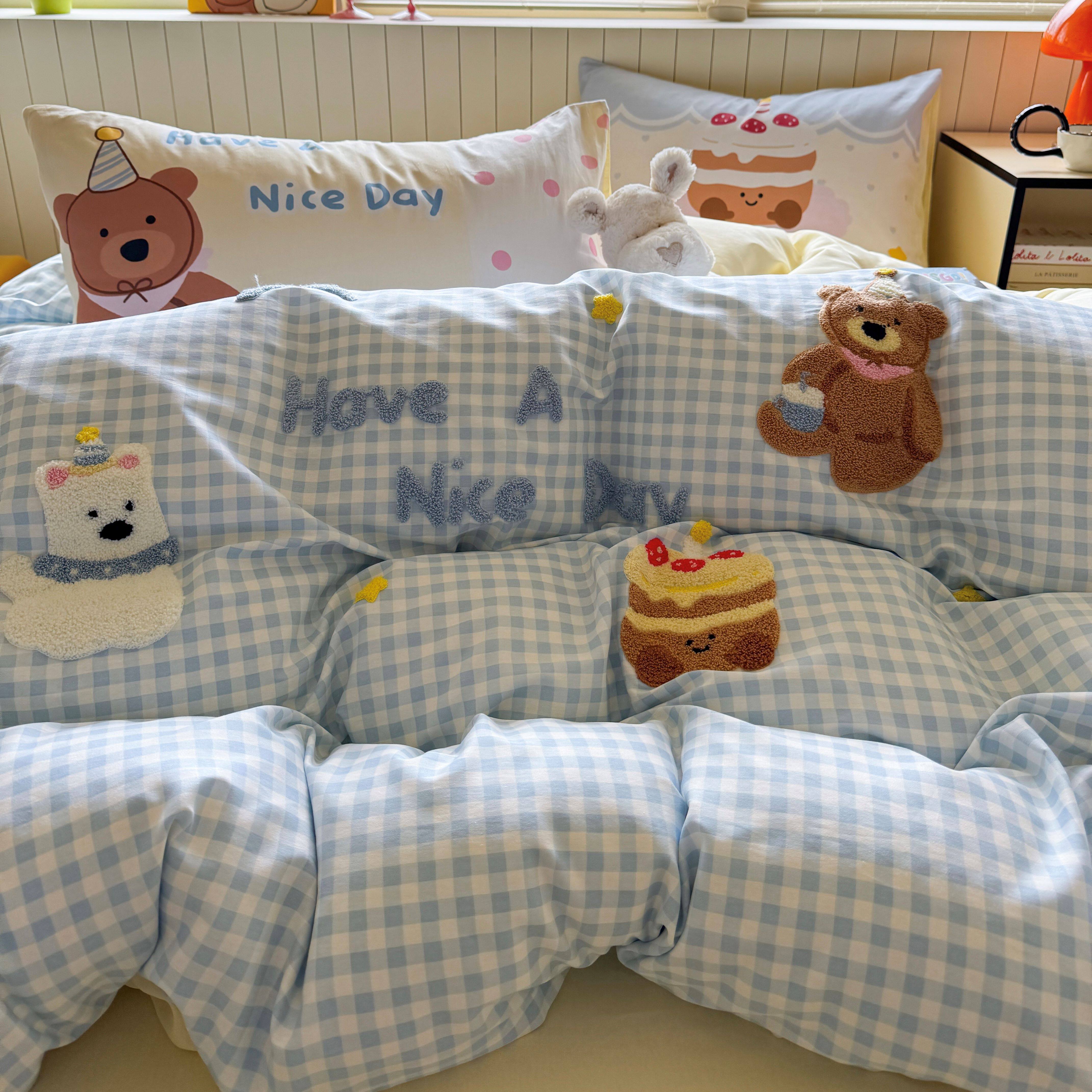 ins小熊毛巾绣100纯棉四件套卡通全棉被套被罩被套单件小清新刺绣,床上用品,床品套件/四件套/多件套,淘宝优惠券,粉丝福利购,淘宝优惠卷