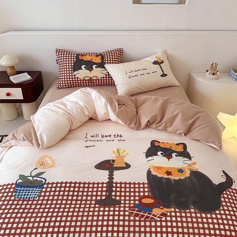 ins风新款60支被套全棉100纯棉四件套设计师大版卡通学生单件被罩