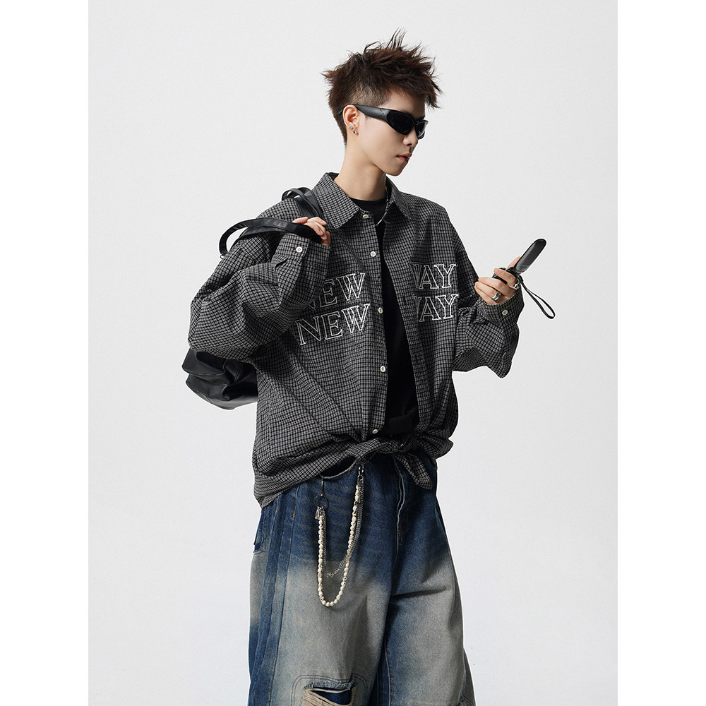 B347-C51-P50-88秋季胸前字母绣花宽松衬衣男士休闲衬衫,男装衬衫,电商B347(原C409)