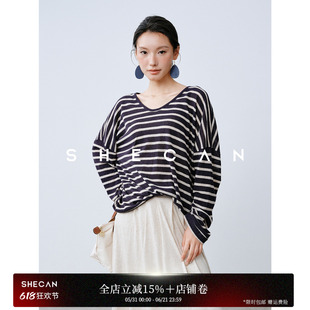 SHECAN【天天穿】慵懒风舒适亚麻条纹T恤女春夏设计感显瘦长袖t恤