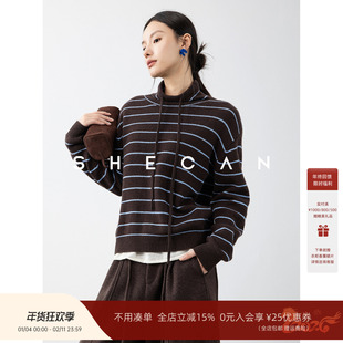 SHECAN 【故都的秋】 百搭高领羊毛针织衫女冬季抽绳条纹套头上衣