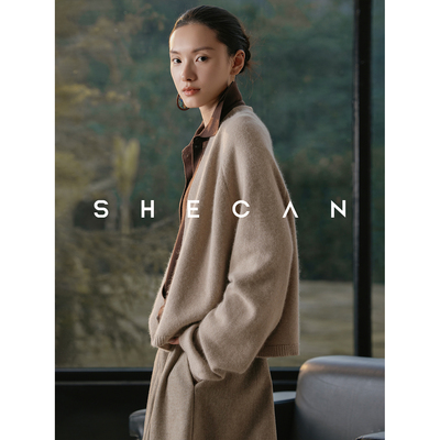 SHECAN【绒织】轻奢减龄浣熊绒短款毛针织衫秋冬简约显瘦羊毛开衫