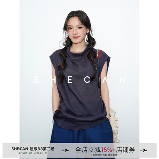 SHECAN【沁凉纱】慵懒风苎麻衬衫女夏季小众堆堆领宽松无袖上衣
