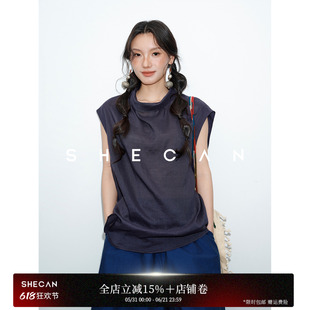 SHECAN【沁凉纱】慵懒风苎麻衬衫女夏季小众堆堆领宽松无袖上衣