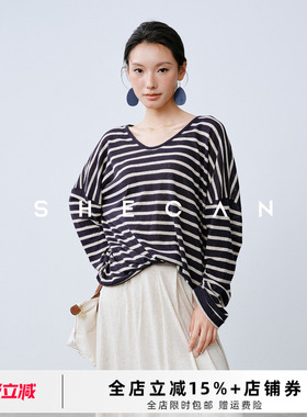 SHECAN【天天穿】慵懒风舒适亚麻条纹T恤女春夏设计感显瘦长袖t恤