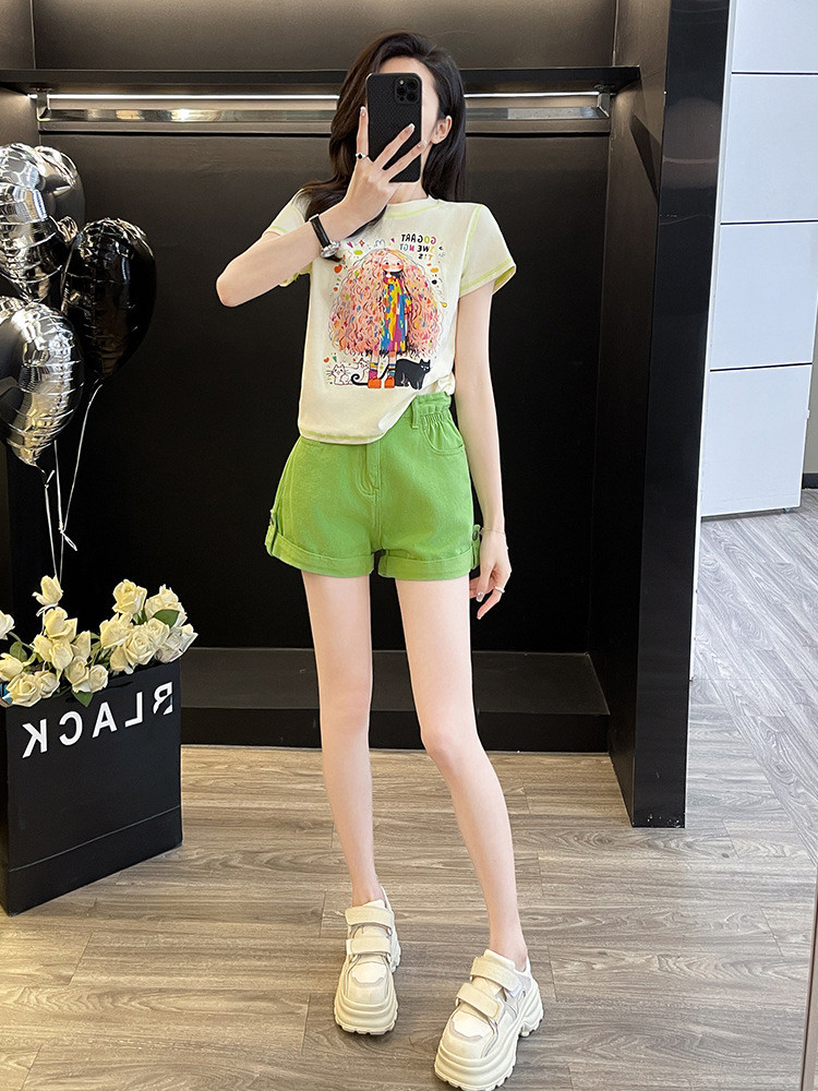 时尚休闲运动套装夏减龄洋气漂亮印花短袖上衣高腰牛仔短裤两件套