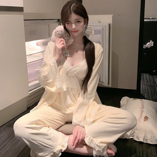 法式睡衣女珊瑚绒秋冬季加厚吊带性感蕾丝长袖家居服三件套礼盒装