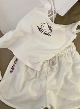 HelleKitty真丝睡衣女夏季甜美可爱印花带胸垫吊带两件套家居服