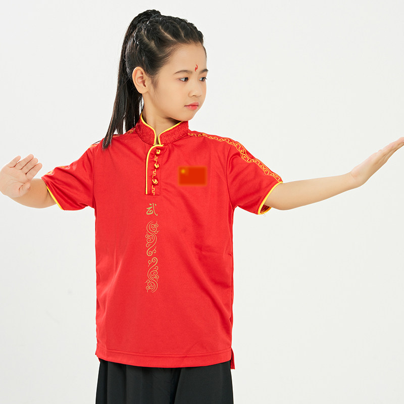 儿童武术服表演T恤男太极训练服女练功服短袖中式立领教练服定制