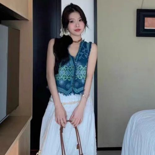 重工刺绣流苏牛仔短款马甲女夏