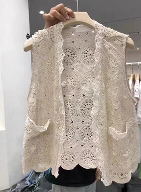 韩国东大门春夏镂空勾花马甲女森系复古时尚薄款百搭坎肩马夹上衣