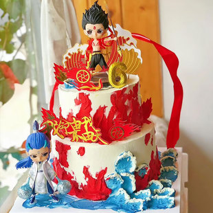 哪吒敖丙蛋糕装饰摆件套装混天绫丝带我命由我不由天红金海浪插件