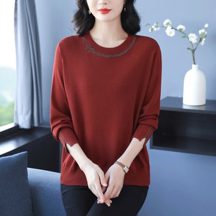 妈妈装春秋低领宽松针织打底衫女加大码中老年女遮肚纯色洋气毛衣