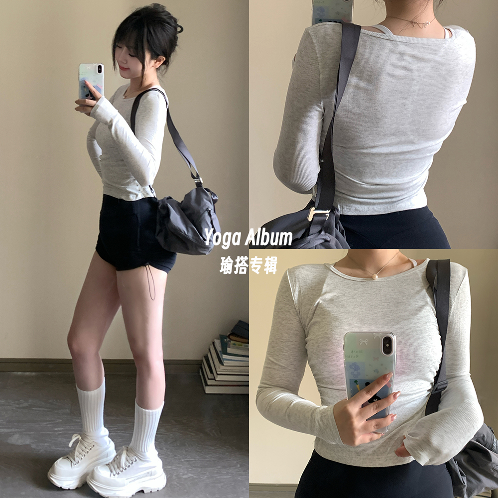 瑜伽运动长袖T恤侧边褶皱莫代尔罗纹修身显瘦透气速干圆领弹力