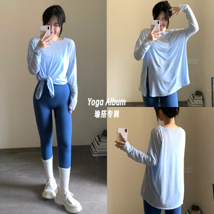 竹节纱瑜伽服女长袖蜂窝透气运动上衣宽松显瘦开叉罩衫跑步普拉提