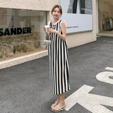 浪漫木耳边拼接条纹连衣裙女2025夏季新款时尚气质淡人穿搭，女装连衣裙，郎佰婉