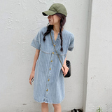 蓝色宽松牛仔连衣裙女2025新款夏季薄款小个子俏皮设计感衬衫裙子，女装连衣裙，郎佰婉