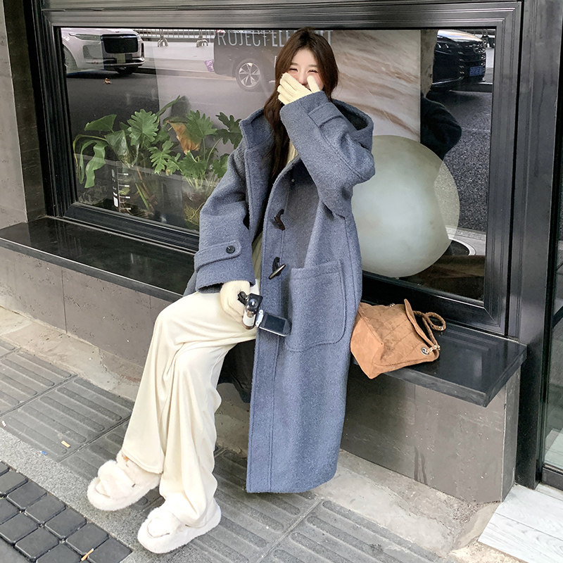 韩系学院风长款连帽呢子大衣女2025冬季新款显瘦加厚保暖毛呢外套,女装羊绒大衣,郎佰婉