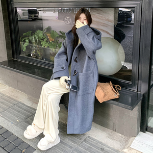 韩系学院风长款连帽呢子大衣女2025冬季新款显瘦加厚保暖毛呢外套图片