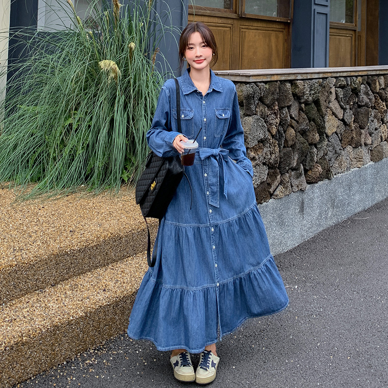 深蓝色牛仔宽松高个子170加长175微胖连衣裙衬衫裙衬衣鱼尾裙a字，女装连衣裙，郎佰婉