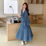 韩系慵懒chic穿搭蓝色上衣套装女初春秋超火好看高级感长裙三件套，女装套装/套裙，郎佰婉