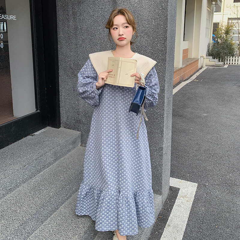 蓝色格子海军领连衣裙女2025年秋季新款韩系学院风文艺甜美长裙,女装连衣裙,郎佰婉