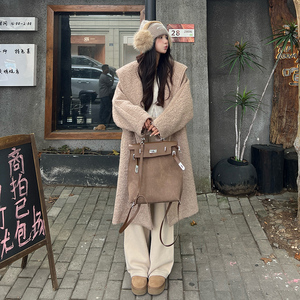 韩系慵懒风连帽圈圈呢大衣女2025年冬季新款显瘦保暖长款加厚棉衣图片