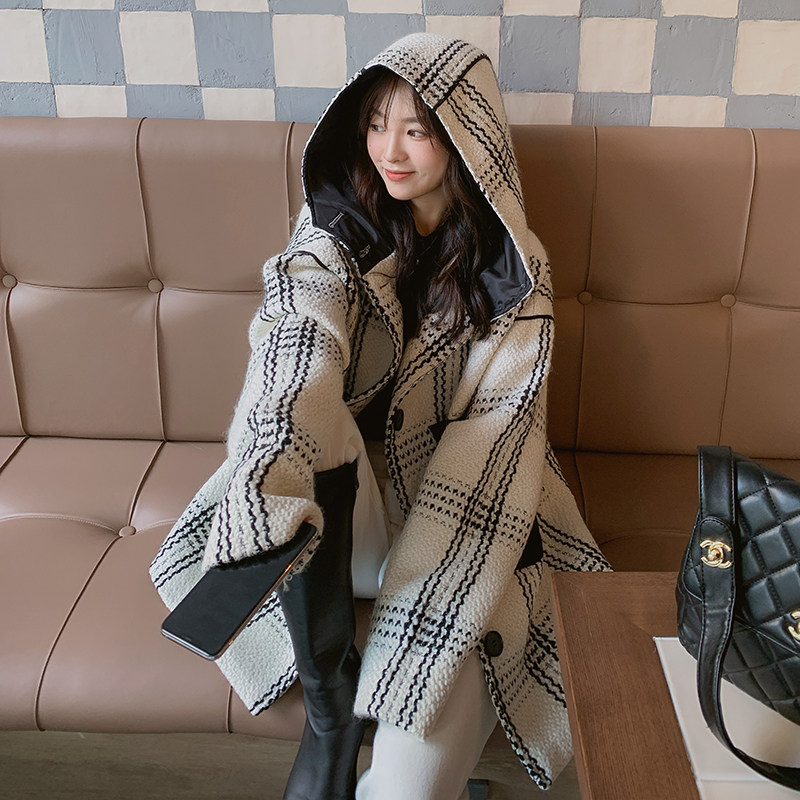 现货2025冬季新款格子连帽呢子大衣浙宝300/812/P175控248,女装毛呢外套,郎佰婉