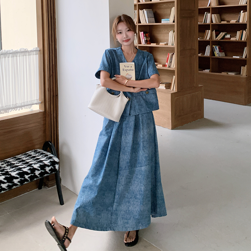 韩版时尚扎染牛仔短袖套装女2025夏新款百搭显瘦宽松半身裙两件套，女装套装/套裙，郎佰婉