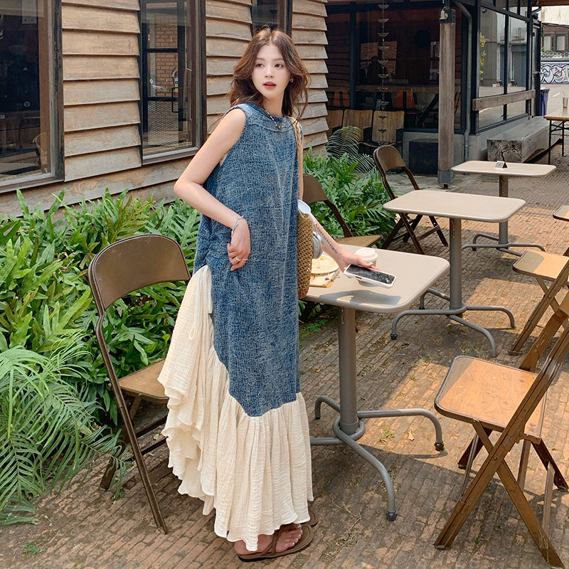 设计感不规则拼接撞色背心长裙女2025年新款夏季慵懒风无袖连衣裙,女装连衣裙,郎佰婉