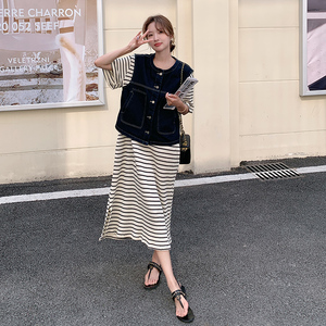 2025夏季新款韩系牛仔条纹连衣裙套装女高级感小众休闲时尚两件套图片