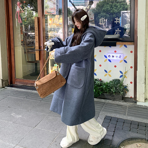 韩系学院风长款连帽呢子大衣女2025冬季新款显瘦加厚保暖毛呢外套图片