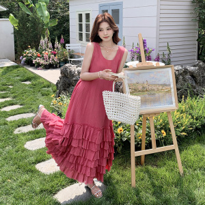 枚红色度假风无袖背心连衣裙女2025夏季新款独特漂亮巨好看蛋糕裙图片