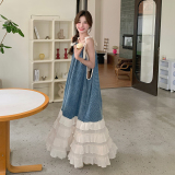 法式度假风拼接吊带连衣裙女2025夏季新款韩版宽松显瘦甜美蛋糕裙，女装连衣裙，郎佰婉