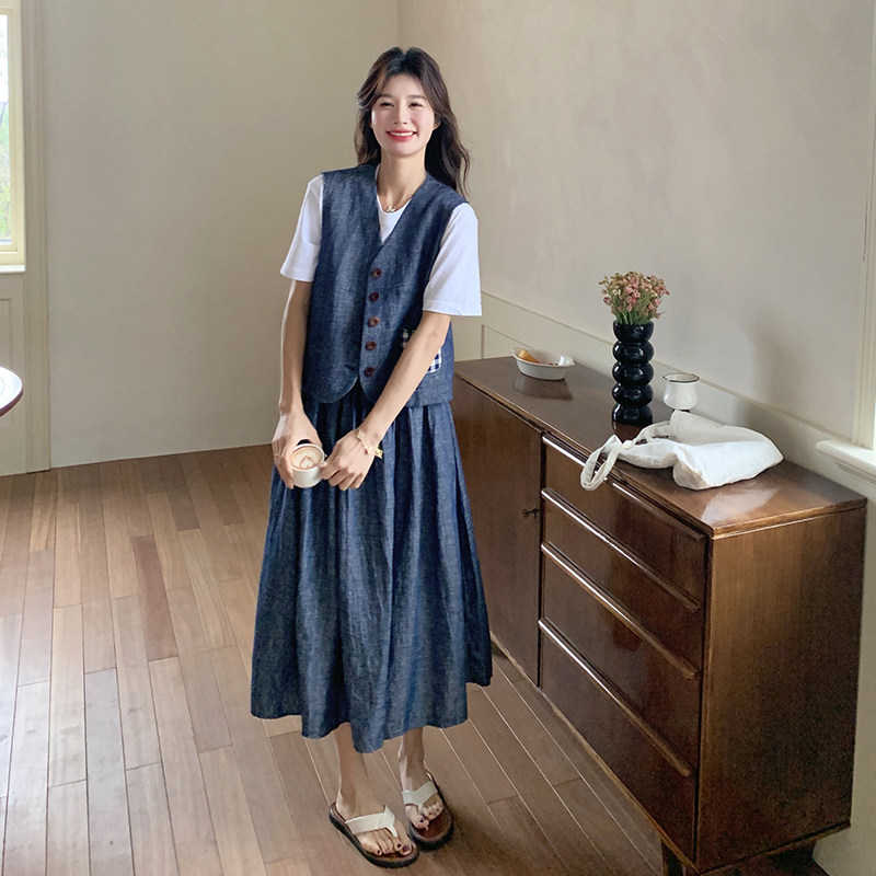 深蓝色轻熟风牛仔马甲套装裙女夏新款小个子气质显瘦百褶裙两件套，商品下架区商品下架区，郎佰婉