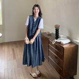 深蓝色轻熟风牛仔马甲套装裙女夏新款小个子气质显瘦百褶裙两件套，商品下架区，郎佰婉