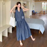 深蓝色轻熟风牛仔马甲套装裙女夏新款小个子气质显瘦百褶裙两件套，商品下架区，郎佰婉