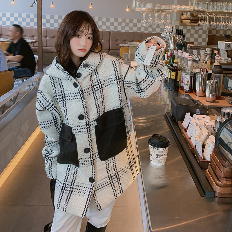 现货2025冬季新款格子连帽呢子大衣浙宝300/812/P175控248,女装毛呢外套,郎佰婉