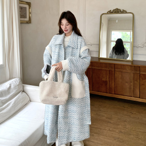 蓝色人字纹中长款毛呢外套女秋冬季超火好看高级小众加厚呢子大衣图片
