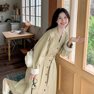 韩系复古气质风衣式连衣裙女2025春秋季新款收腰显瘦长袖a字长裙图片