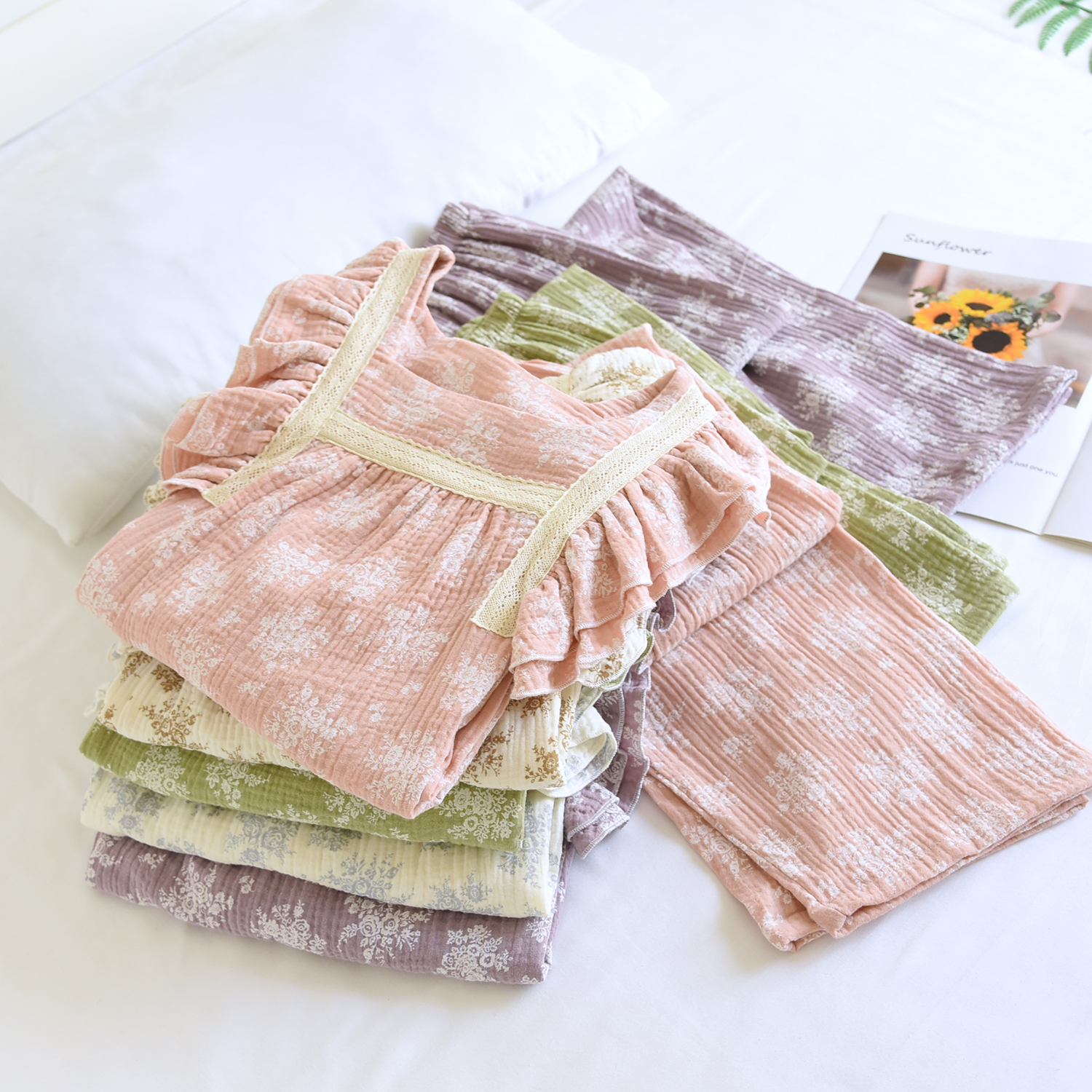 女纯棉纱布小方领蕾丝家居服套装