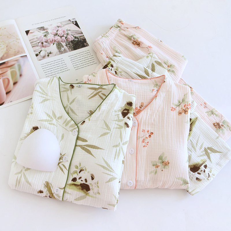 女双层纱布免文胸睡衣长袖春秋夏