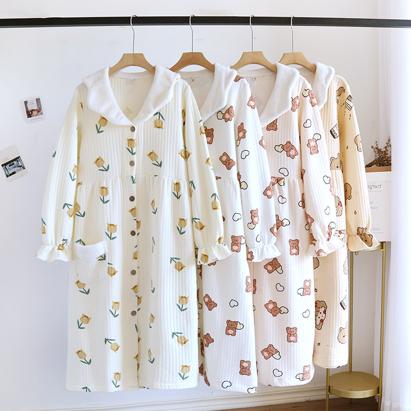 加厚纯棉浴袍睡袍女秋冬季夹棉空气层中长款翻领系扣长袖睡裙宽松