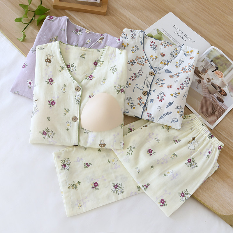 免文胸睡衣女春秋夏季薄款纯棉双层纱布V领带胸垫长袖长裤家居服,女士内衣/男士内衣/家居服,睡衣/家居服套装,淘宝优惠券,粉丝福利购,淘宝优惠卷