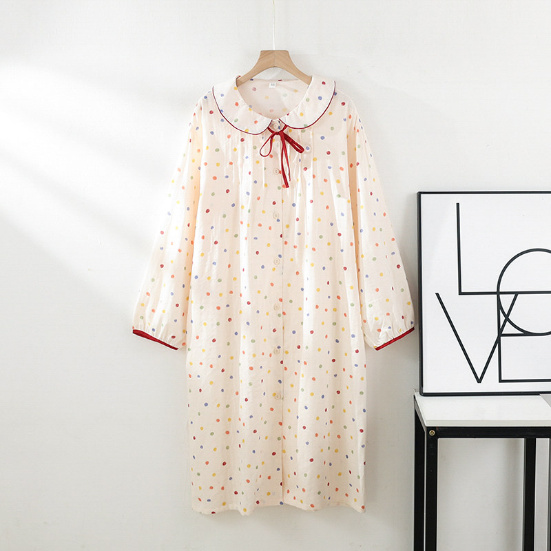 日系清新娃娃领长袖睡裙全棉纱布夏中长款宽松家居睡袍甜美少女风