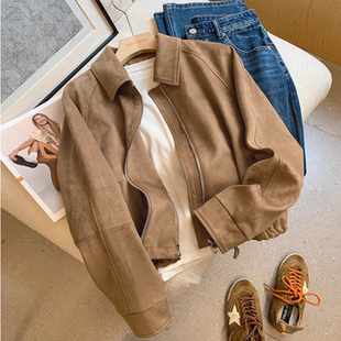 奢牌同版 夹克上衣秋冬 轻奢翻领外套350g高支高密麂皮绒抽绳短款